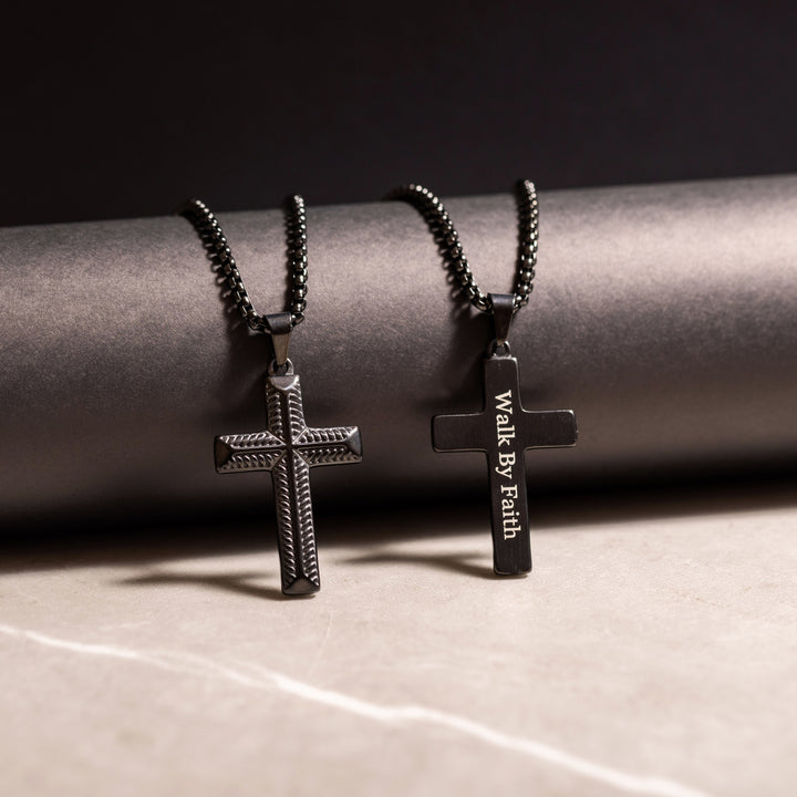 black men's cross necklace with custom initials engraving