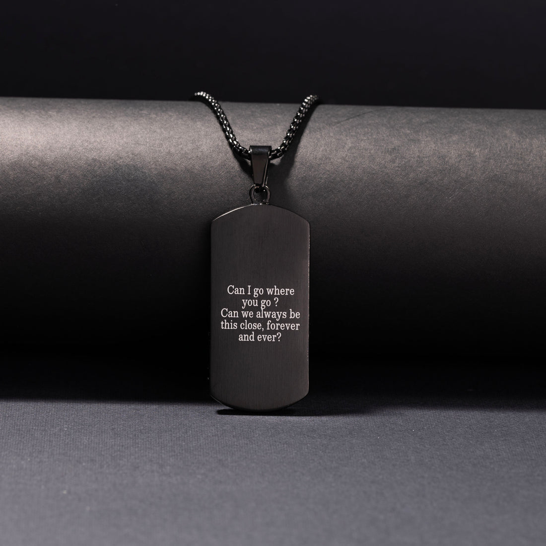 Custom black tag necklace for men with engraved date and black diamond
