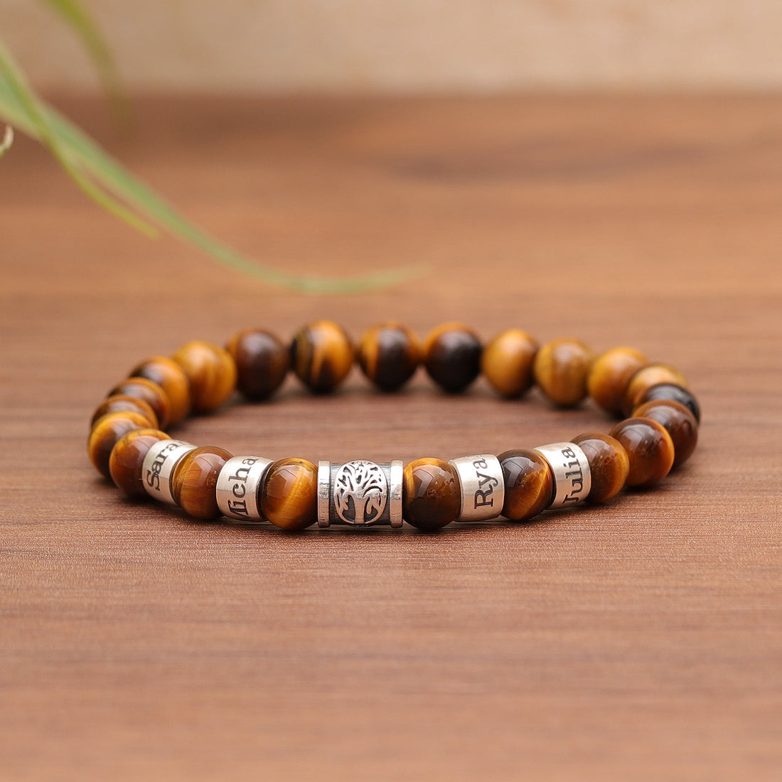 Handcrafted Bracelet with Tiger Eye Beads, Tree of Life Charm, and Custom Engraved Beads.