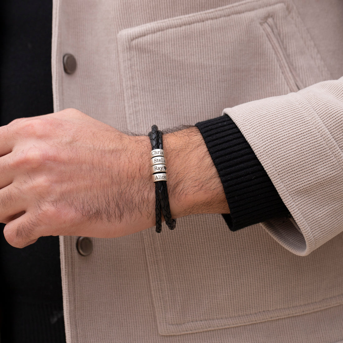 Men's Leather Bracelet with Custom Names - Black