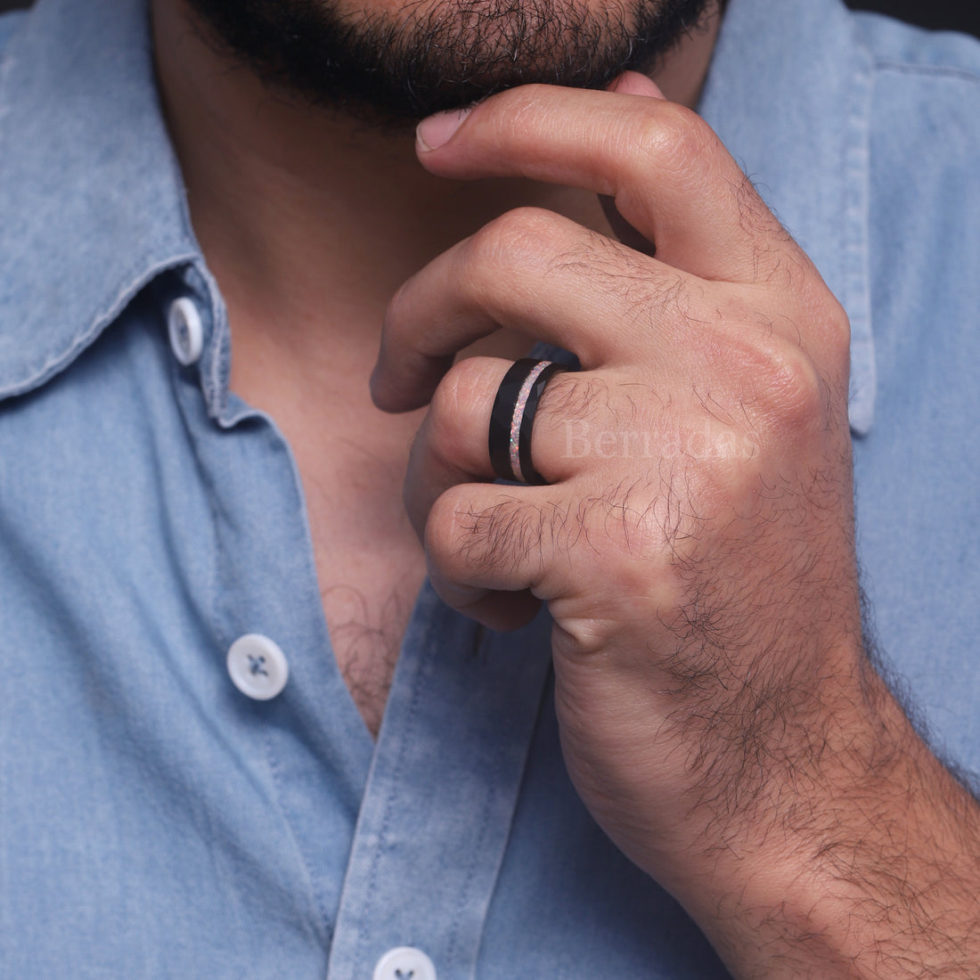  Black and white opal inlay ring for men, perfect as a promise ring or wedding band.