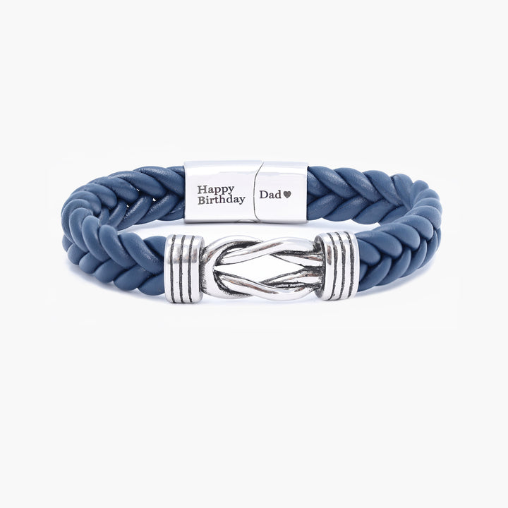 Blue Leather Infinity Knot Bracelet with Custom Engraving