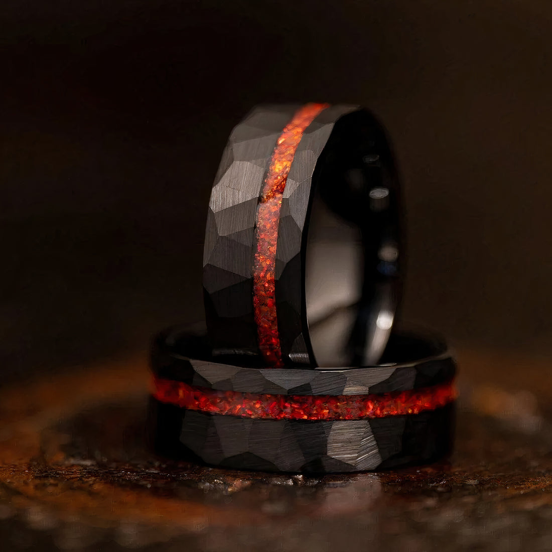 Elegant Black Wedding Band for Men with Red Opal inlay with personalized engraving