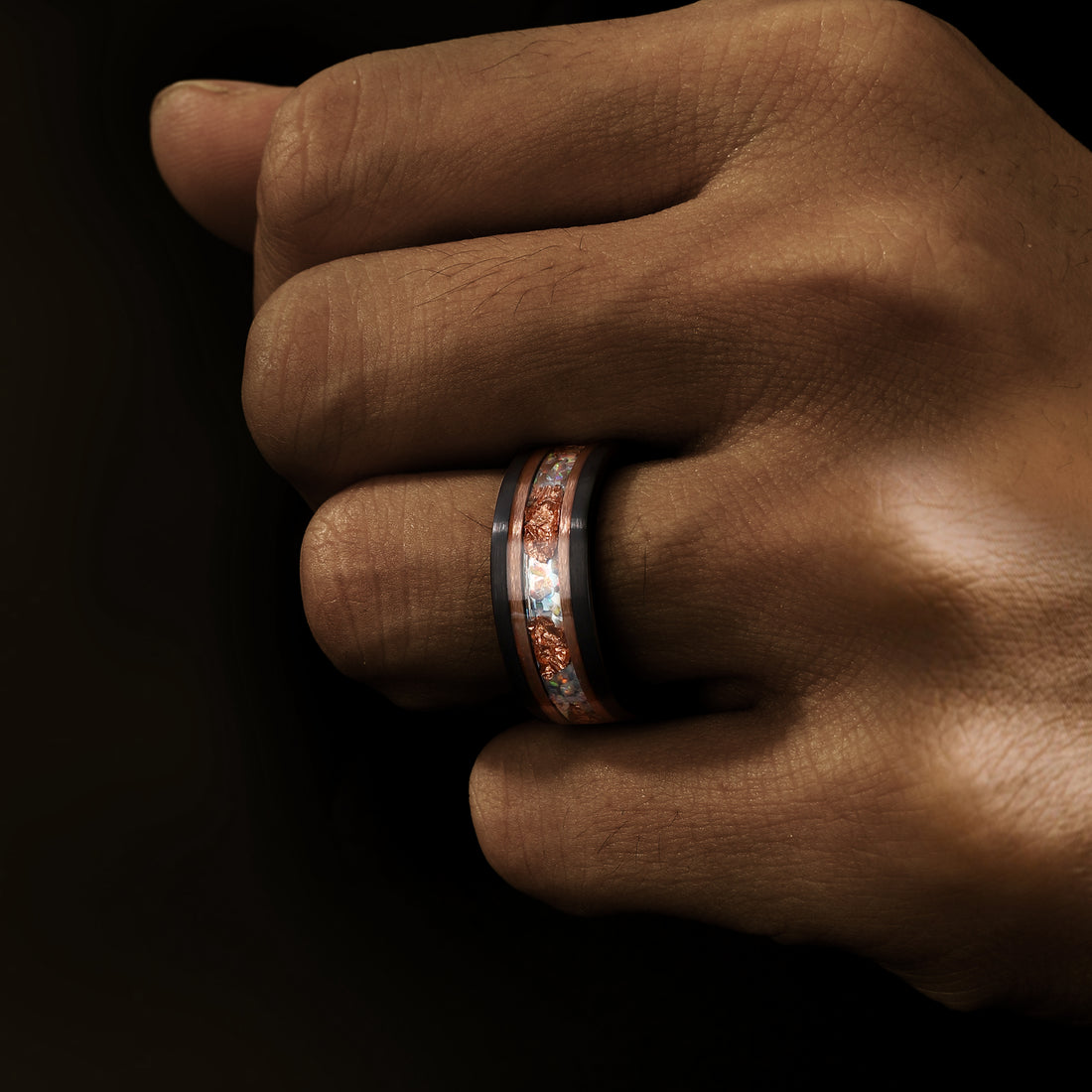 Custom engraved rose gold opal ring for men showcasing artisanal craftsmanship