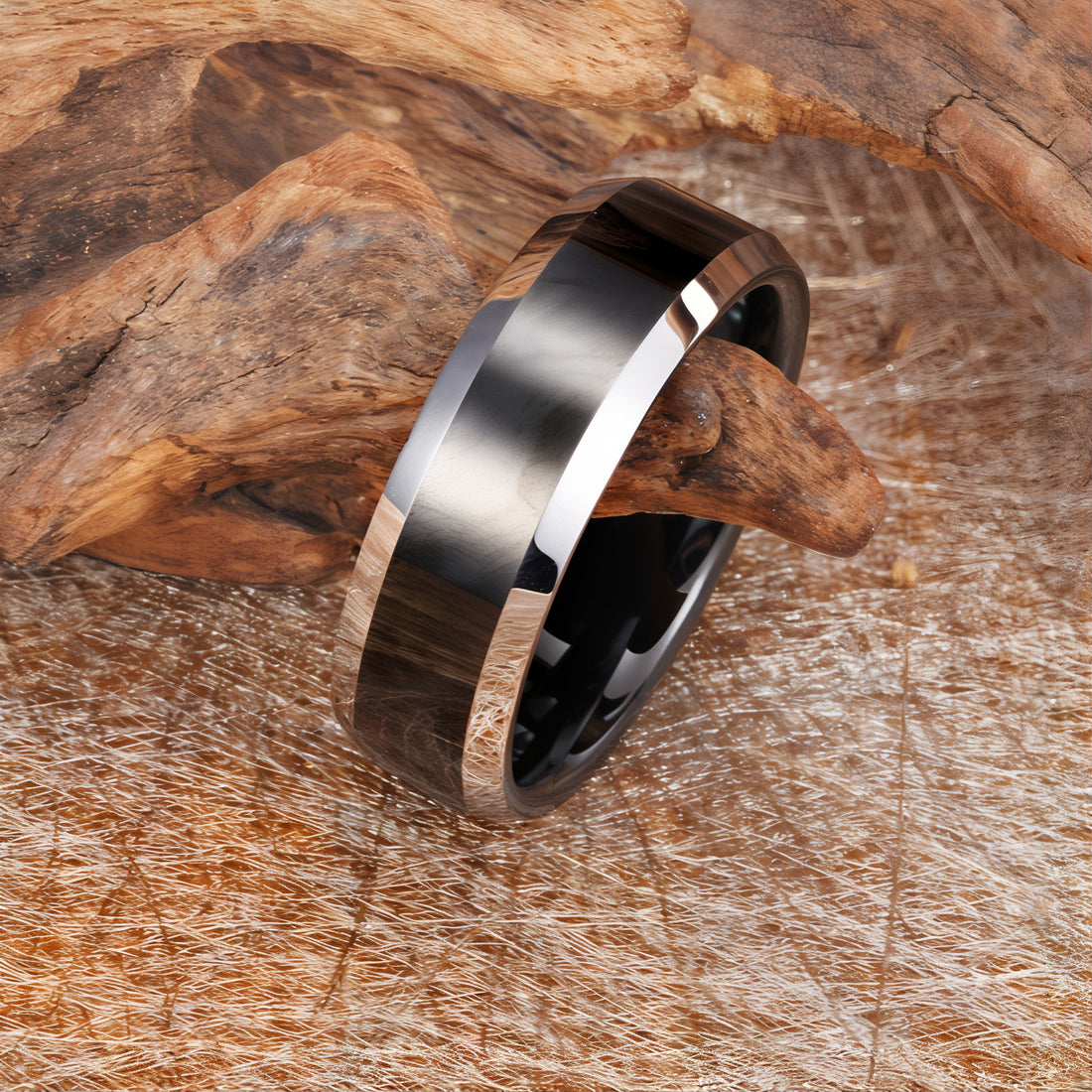 Men’s tungsten ring – sleek black center with silver edges.