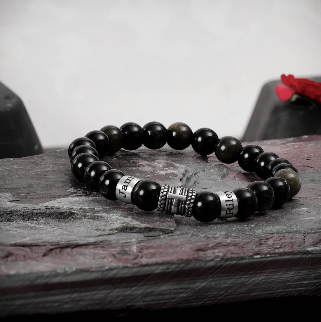 Custom obsidian bracelet with silver cross charm, personalized faith gift for men