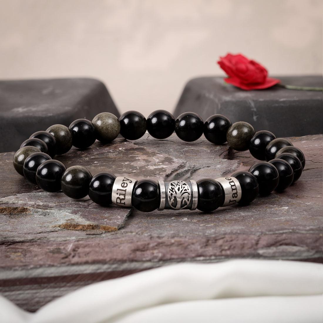 Custom black obsidian bracelet with family tree charm, perfect gift for husband or son