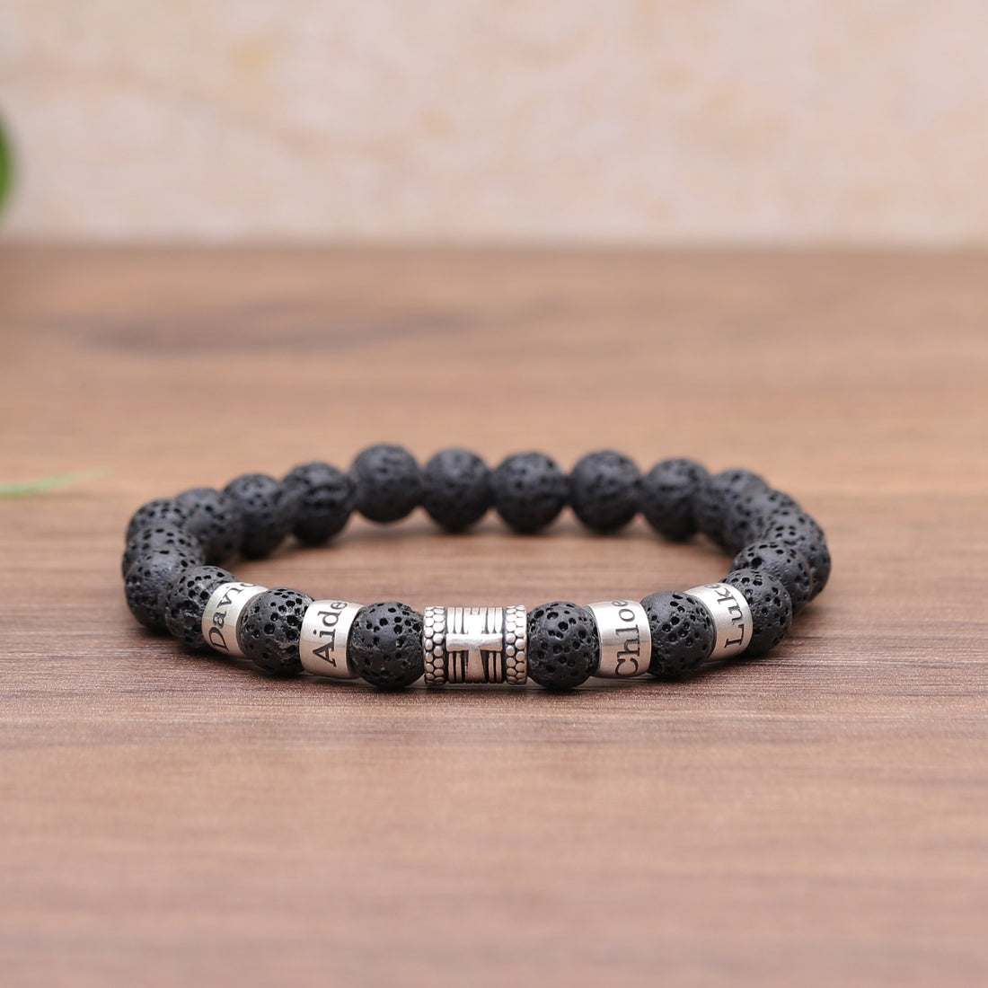 Unique Lava Bead Bracelet with Engraved Names and Cross