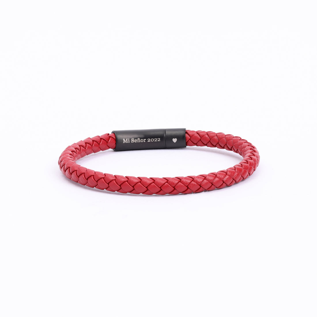 Engravable red braided leather bracelet with customizable engraving on the clasp, suitable for both men and women, showcased on a neutral background.