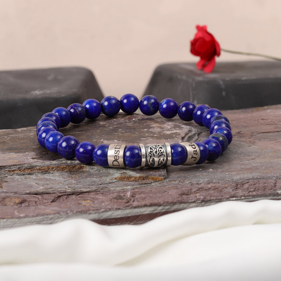 Personalized lapis lazuli bracelet with engraved family names and tree charm, custom men's jewelry gift for dad or husband.