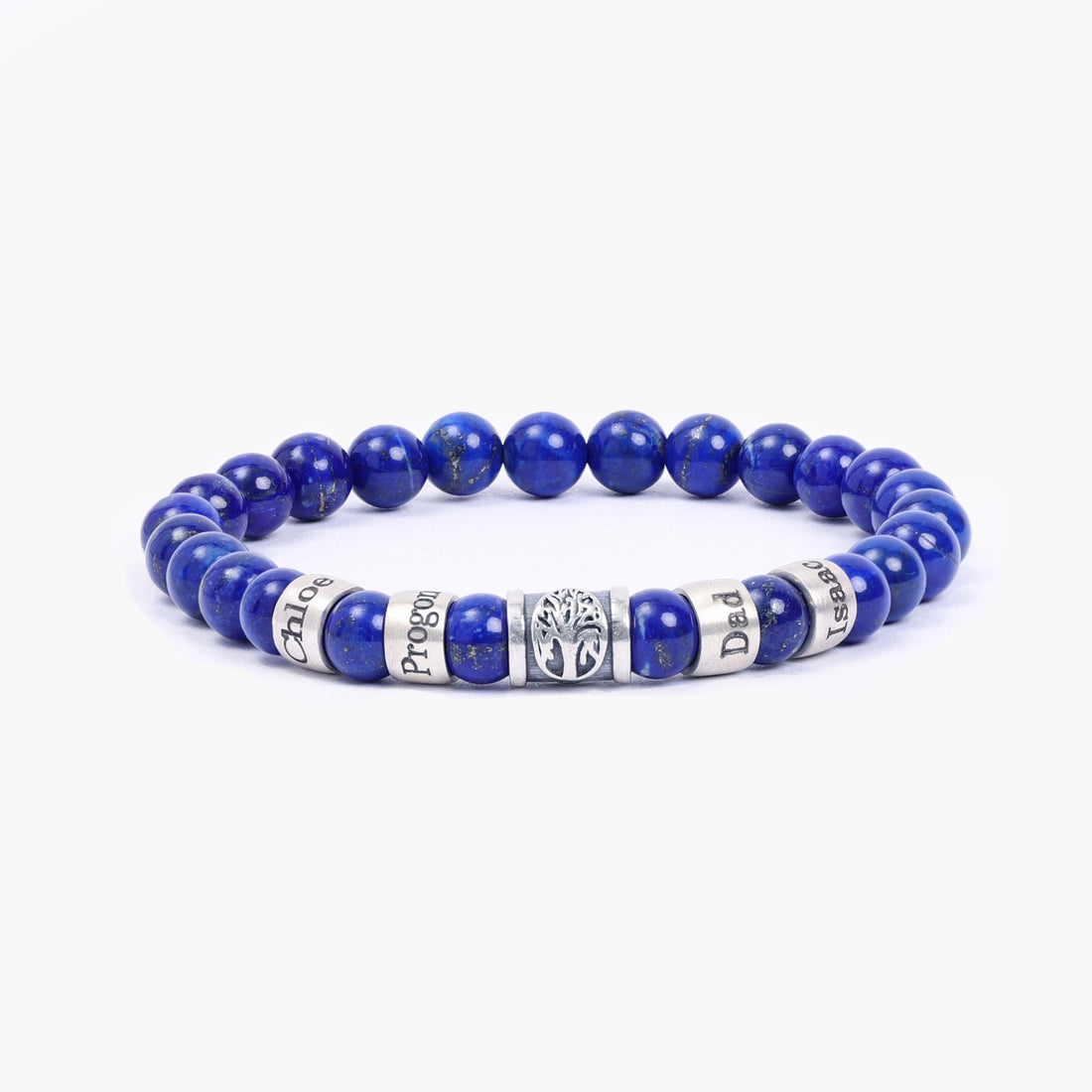 Men's personalized lapis lazuli bracelet with family name engravings and tree charm, perfect gift idea for dads