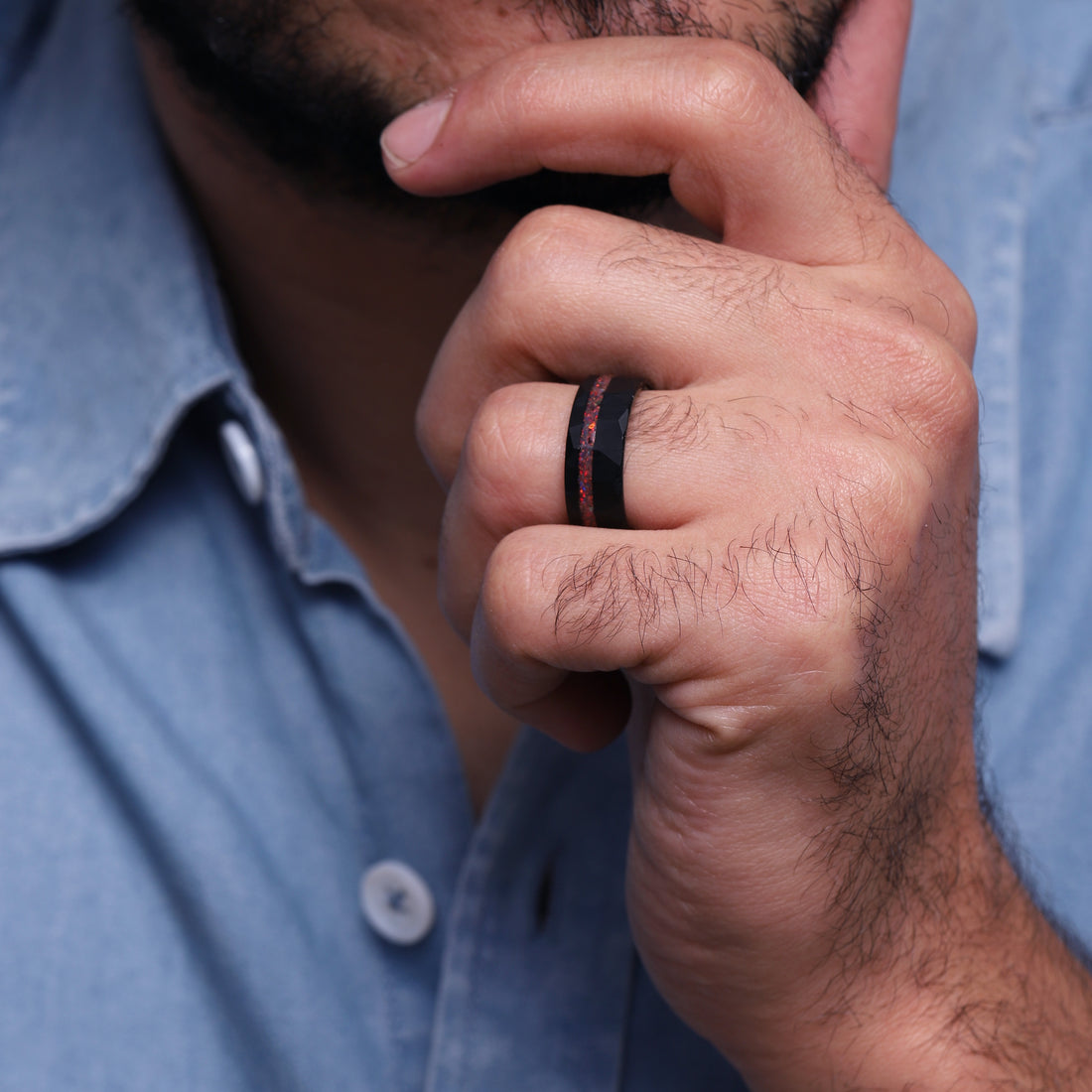 Black tungsten anniversary ring with opal for men
