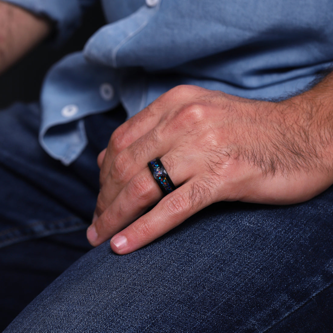 Contemporary men's black ring with detailed opal gemstone inlays