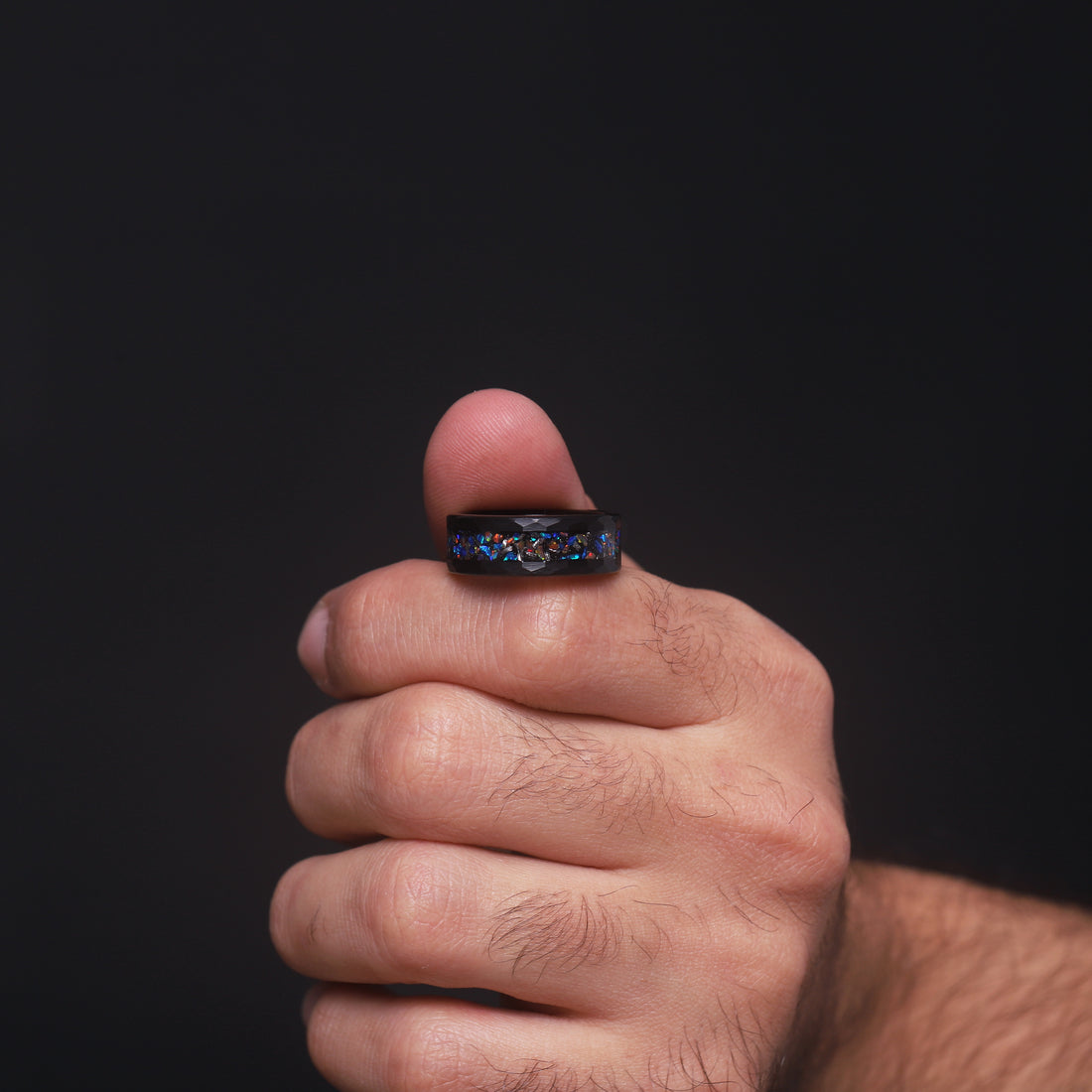 Modern and stylish Nebula Meteorite and Opal Black Ring, ideal for those who appreciate cosmic elegance.