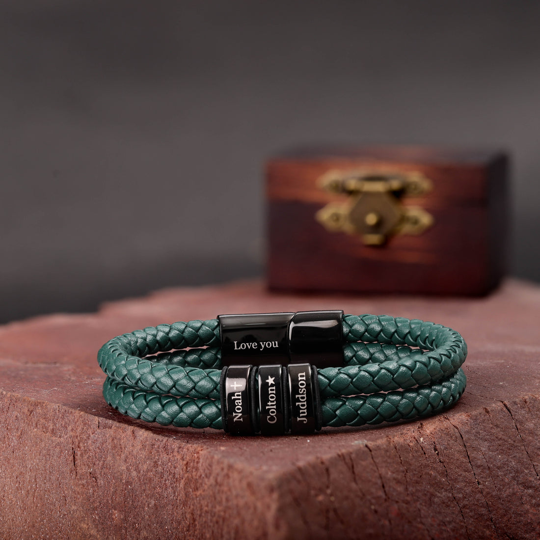 Leather Bracelet with Custom Family Names - Green