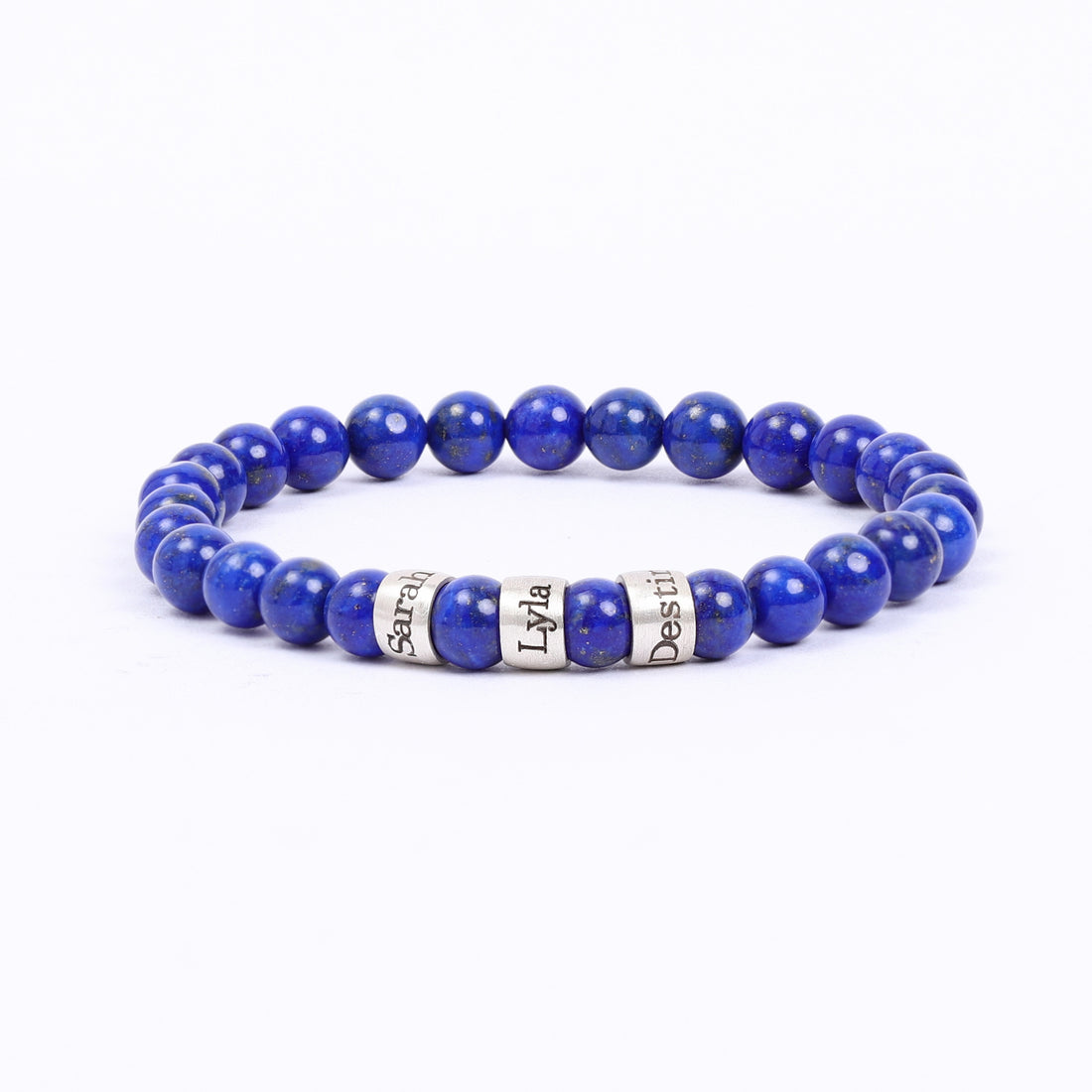 Personalized lapis lazuli beads bracelet with engraved family names, a meaningful gift for dad