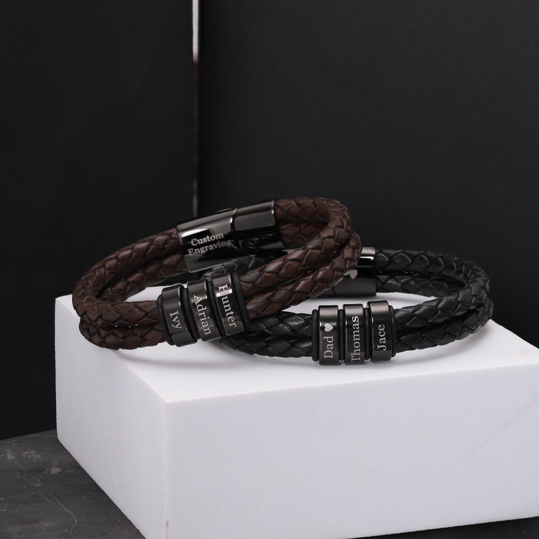 Custom bracelet for men, featuring a stylish, rugged leather band, perfect as a personalized gift for men.