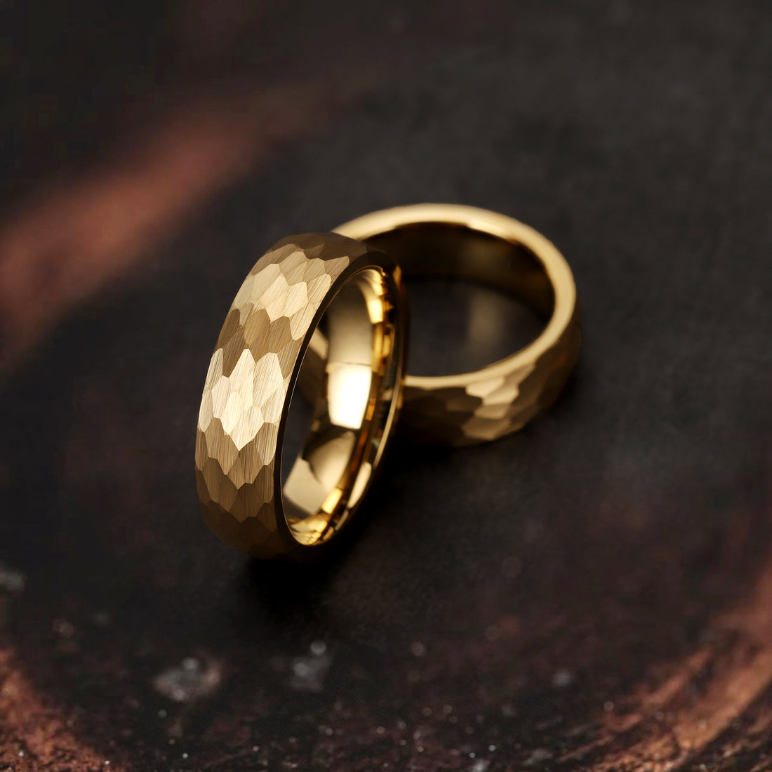 Handcrafted 8mm gold hammered wedding band for groom with unique texture