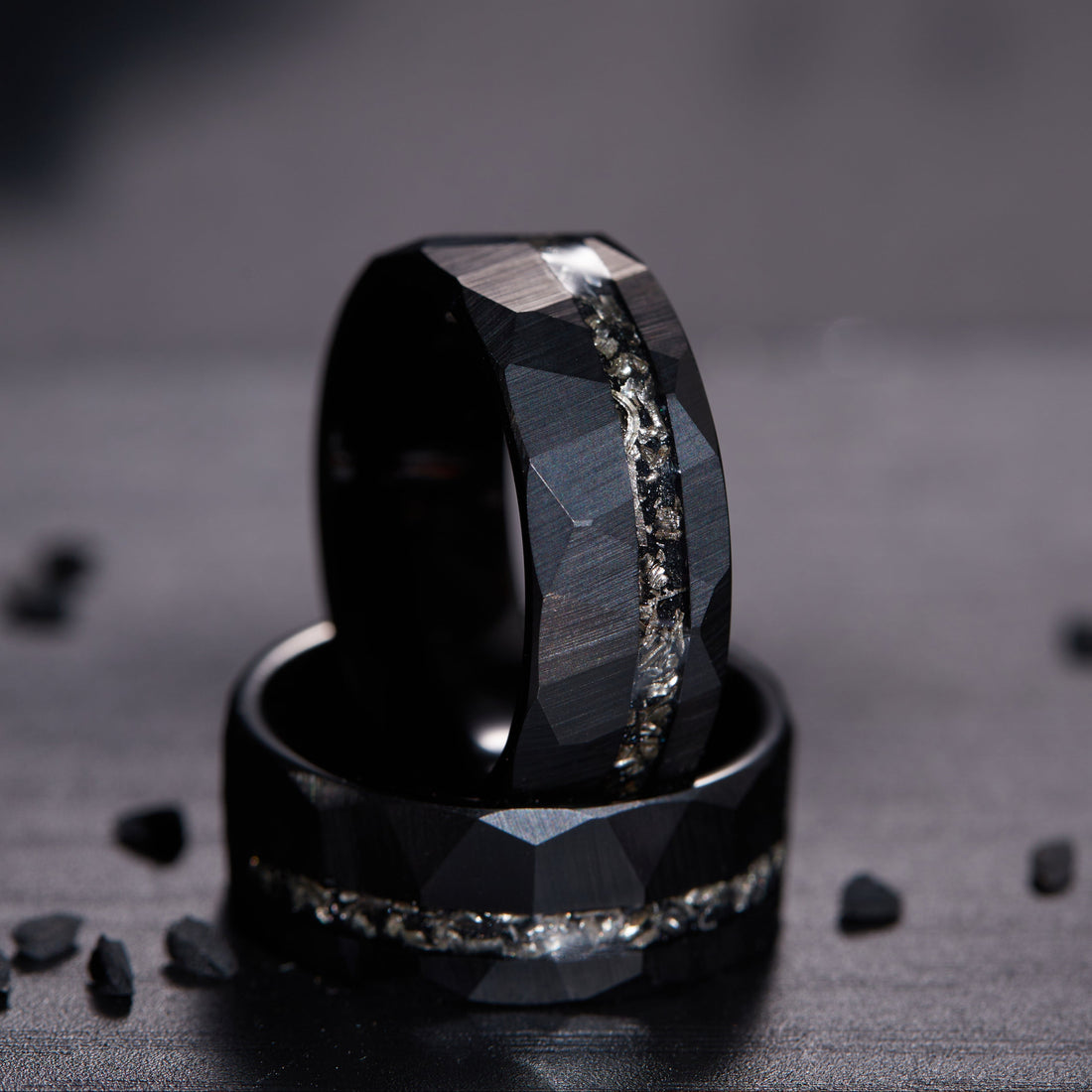 Men's premium black hammered ring featuring a genuine meteorite inlay for standout style.