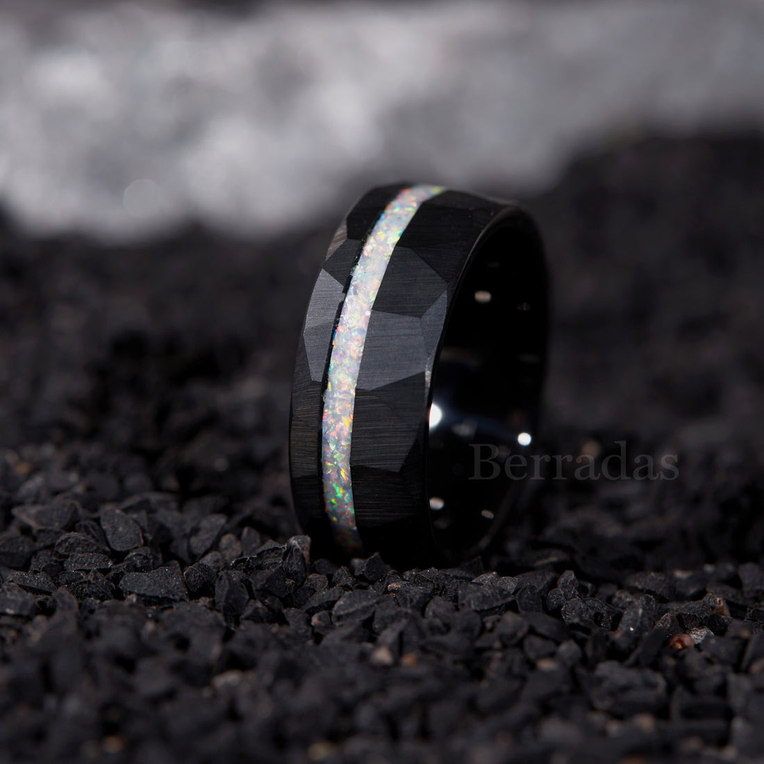 8mm personalized men's ring with white opal inlay, featuring a sleek and modern design.