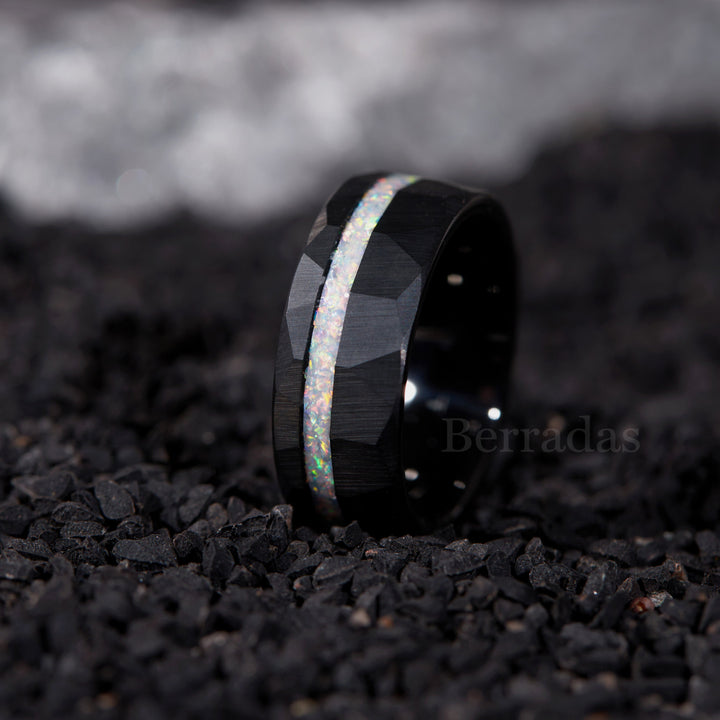 8mm personalized men's ring with white opal inlay, featuring a sleek and modern design.