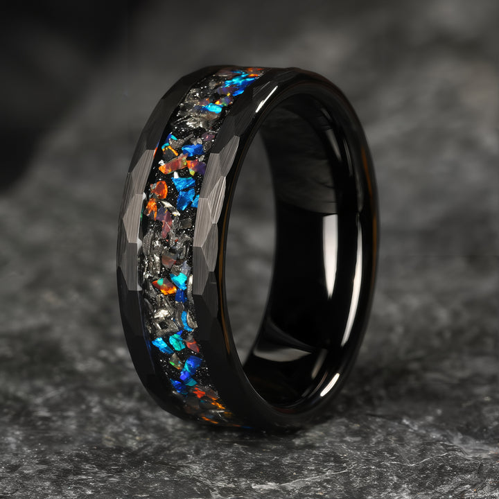 Men's black ring featuring vibrant opal gemstones with a modern design.