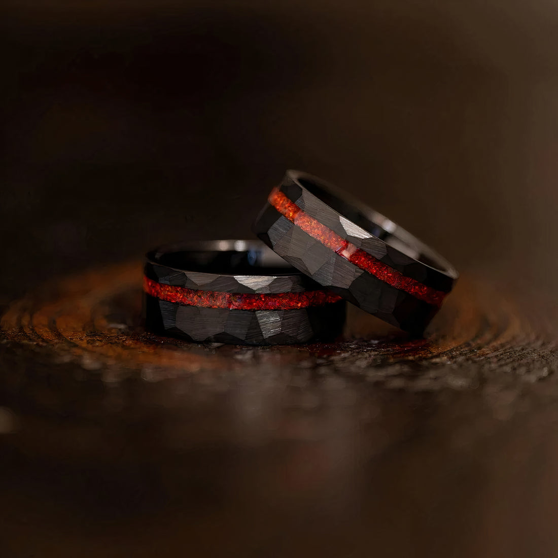 Modern Men’s Black Promise Ring with Unique Red Opal Inlay