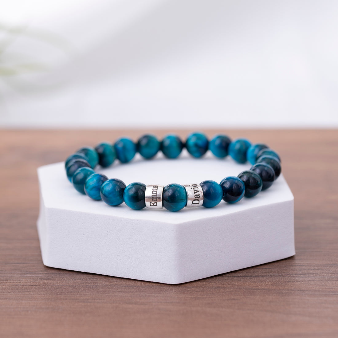 Blue tiger eye bracelet with personalized names for men, great as a gift for him