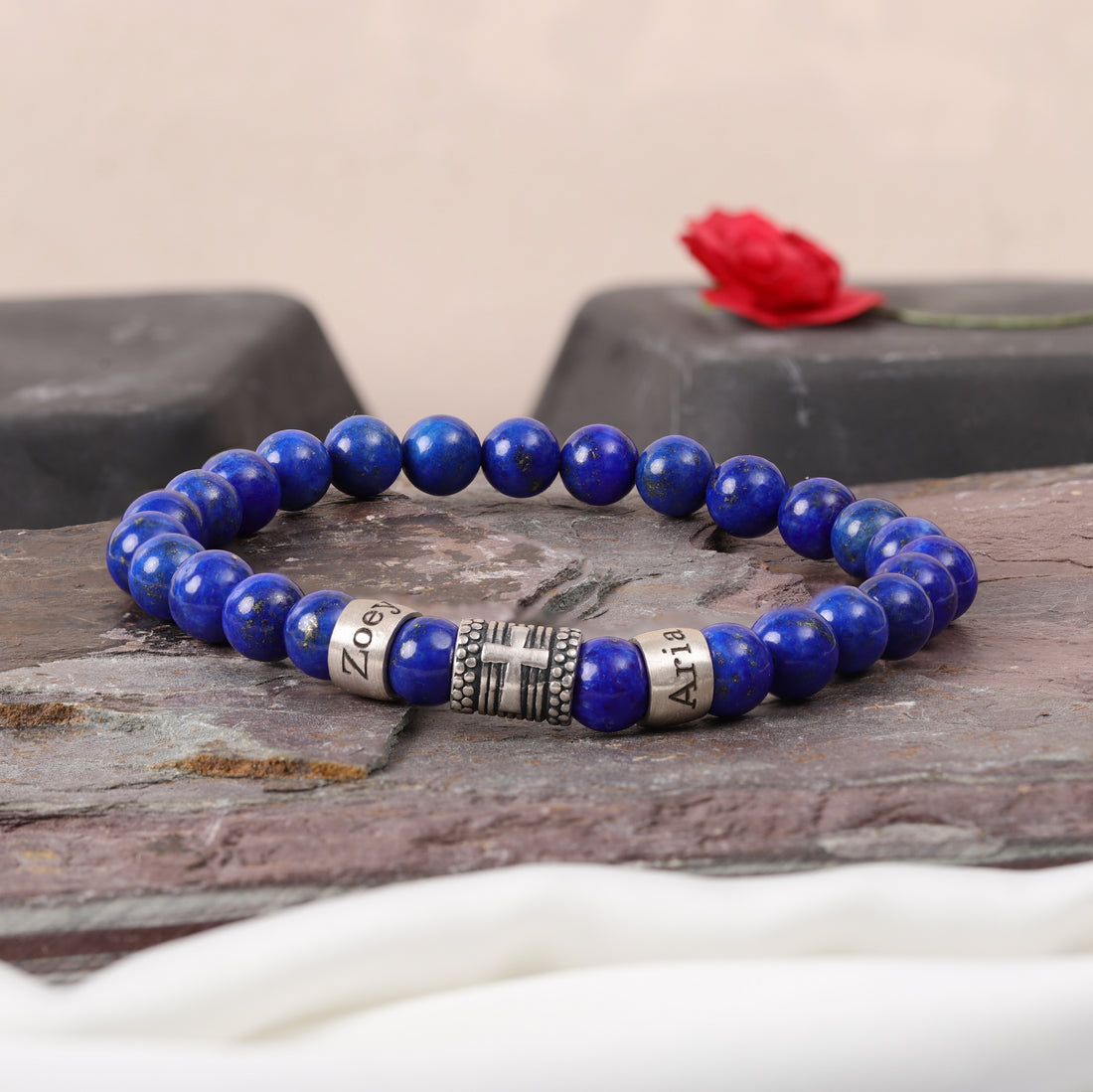 Handcrafted lapis lazuli bracelet with engraved names, personalized jewelry gift for men, dad, or husband.