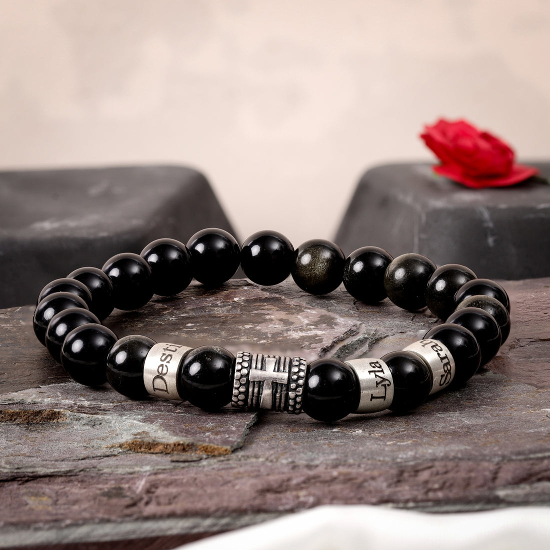 Black obsidian bracelet with cross charm and engraved names, perfect christmas gift
