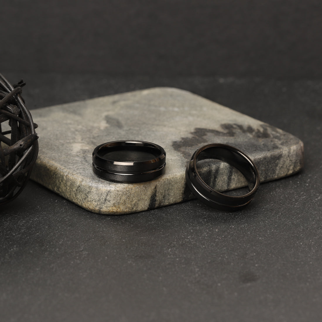 Customizable Black Promise Ring for Men with a Unique Central Groove, doubling as a modern wedding band