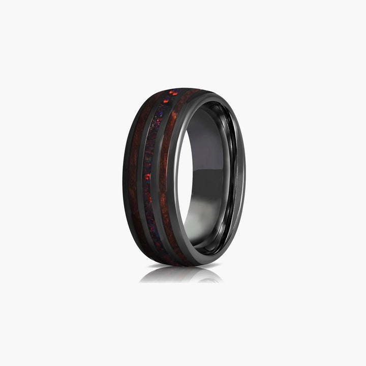 Men’s Whisky Barrel Tungsten Ring with Vibrant Opal Highlights