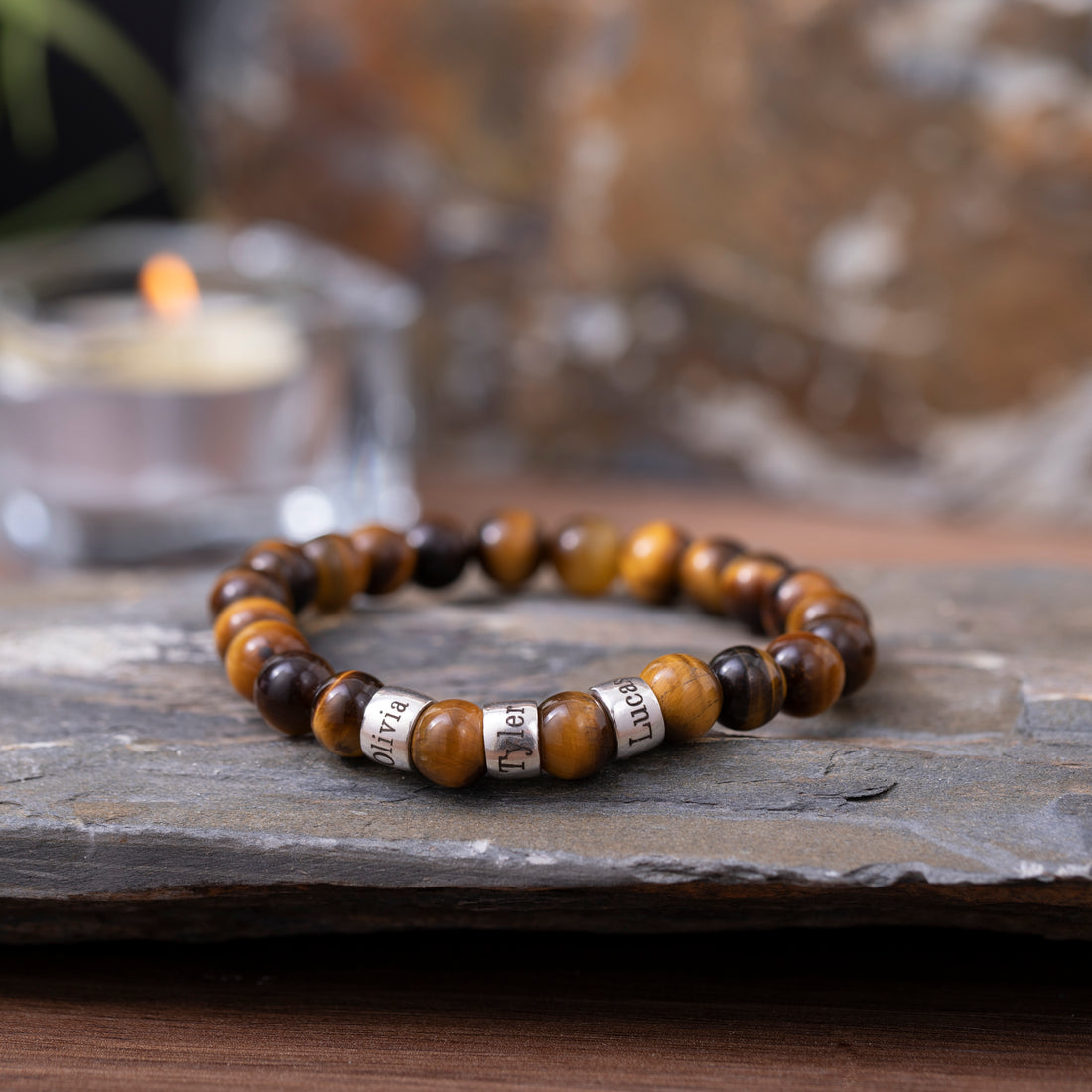 Personalized Tiger Eye Bracelet with Engraved Name Beads - Perfect for Gifting