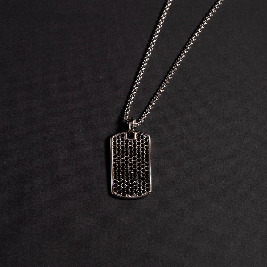 Black tag necklace with personalized engraving and luxury black diamond
