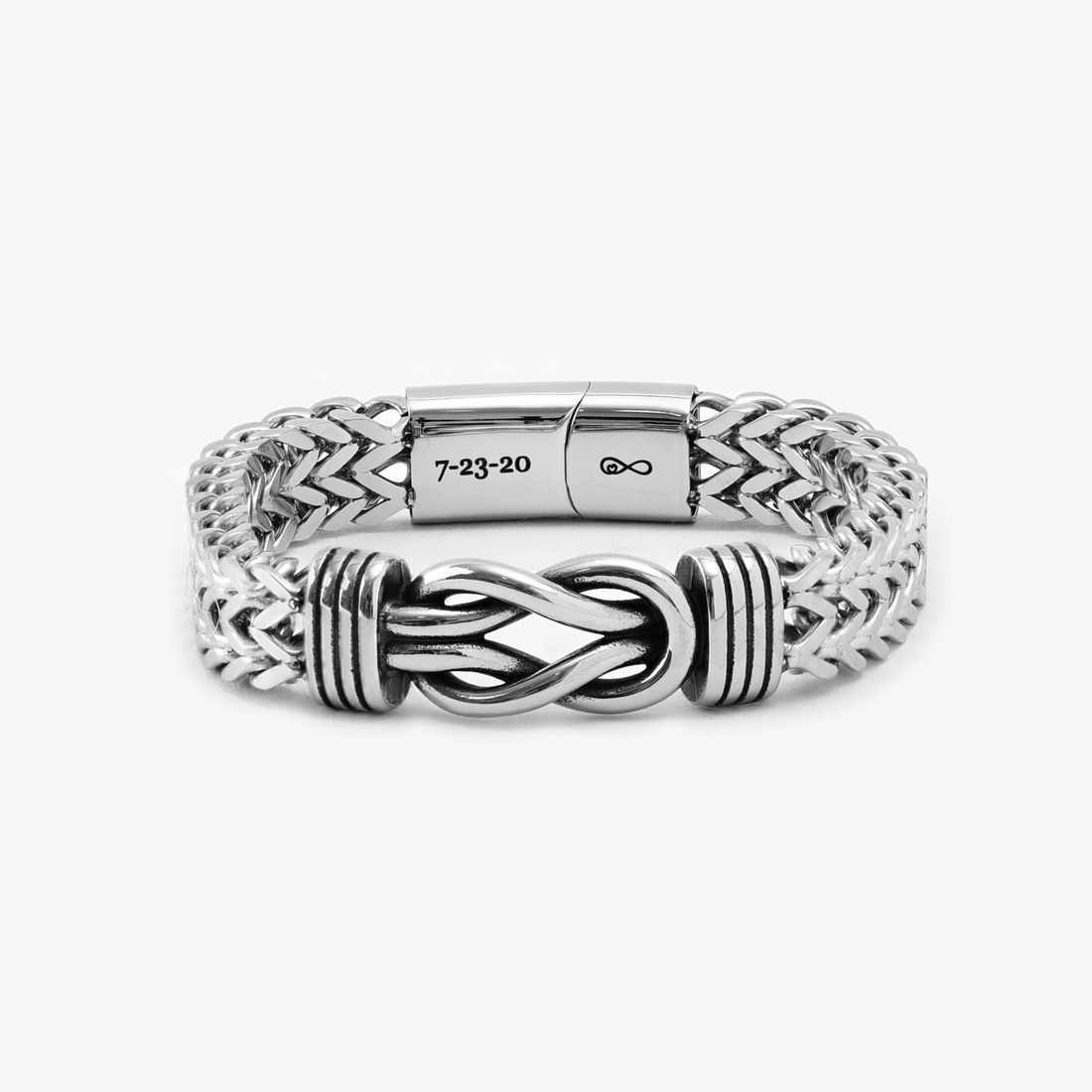 Personalized men's knot bracelet symbolizing love and unity in durable stainless steel