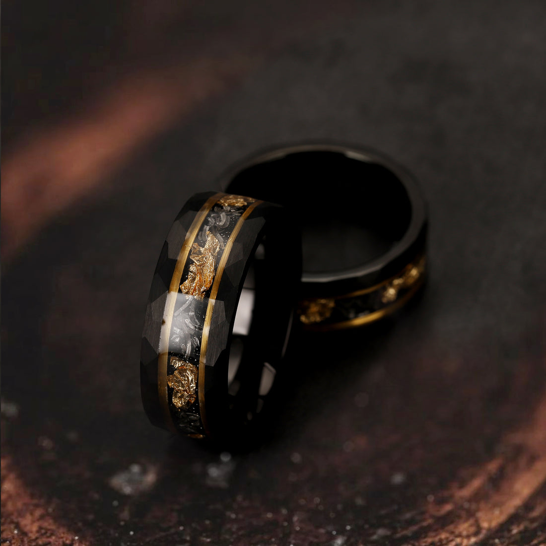 Gold and Meteorite Inlay Ring for Men – Wedding Band with Custom Engraving